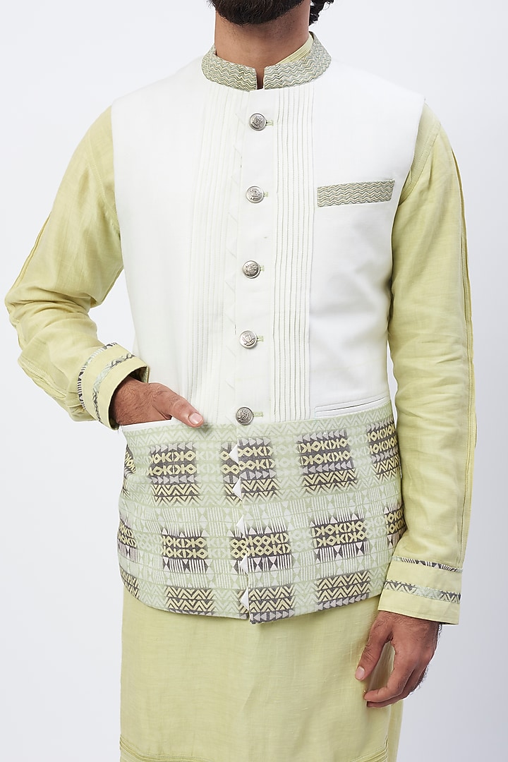 White Linen Satin Printed Nehru Jacket by HANEET SINGH at Pernia's Pop Up Shop