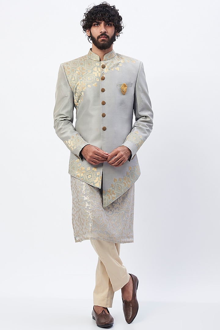 Grey Dupion Silk Jodhpuri Jacket by GRACE BY HANEET SINGH