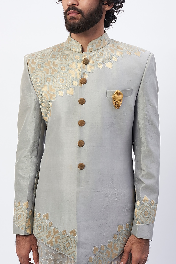 Grey Dupion Silk Jodhpuri Jacket by HANEET SINGH at Pernia's Pop Up Shop