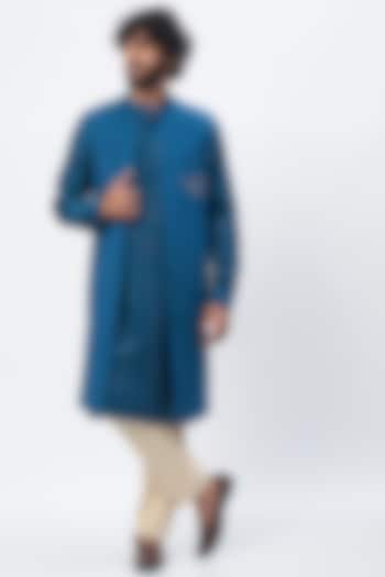 Teal Blue Indo-Western Jacket With Kurta Set by HANEET SINGH