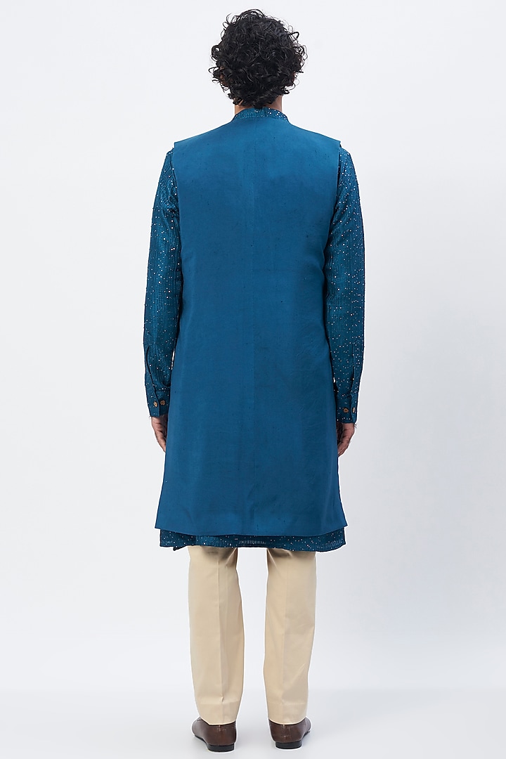 Teal Blue Embellished Indo-Western Jacket by HANEET SINGH