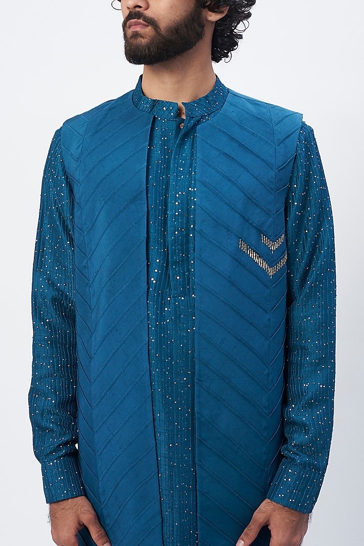 Teal Blue Embellished Indo-Western Jacket by HANEET SINGH