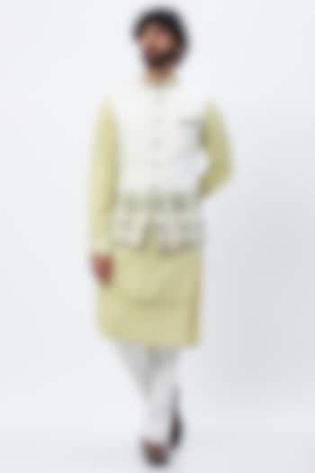 White Linen Satin Nehru Jacket With Kurta Set by HANEET SINGH