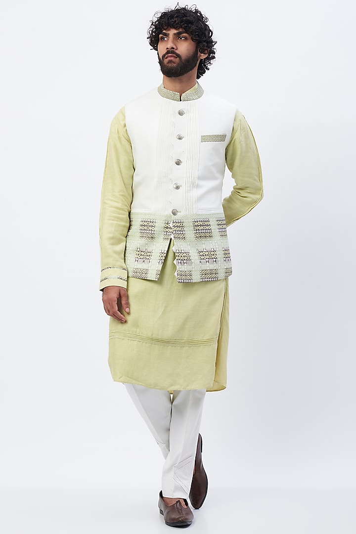 White Linen Satin Nehru Jacket With Kurta Set by GRACE BY HANEET SINGH