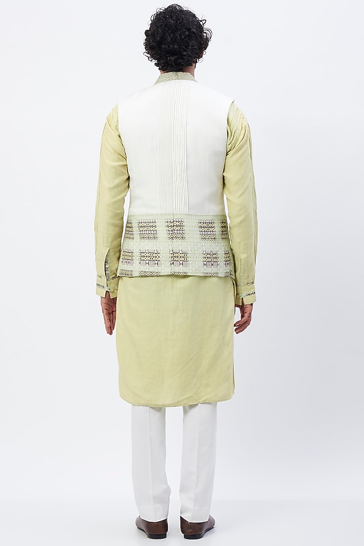 White Linen Satin Nehru Jacket With Kurta Set by HANEET SINGH