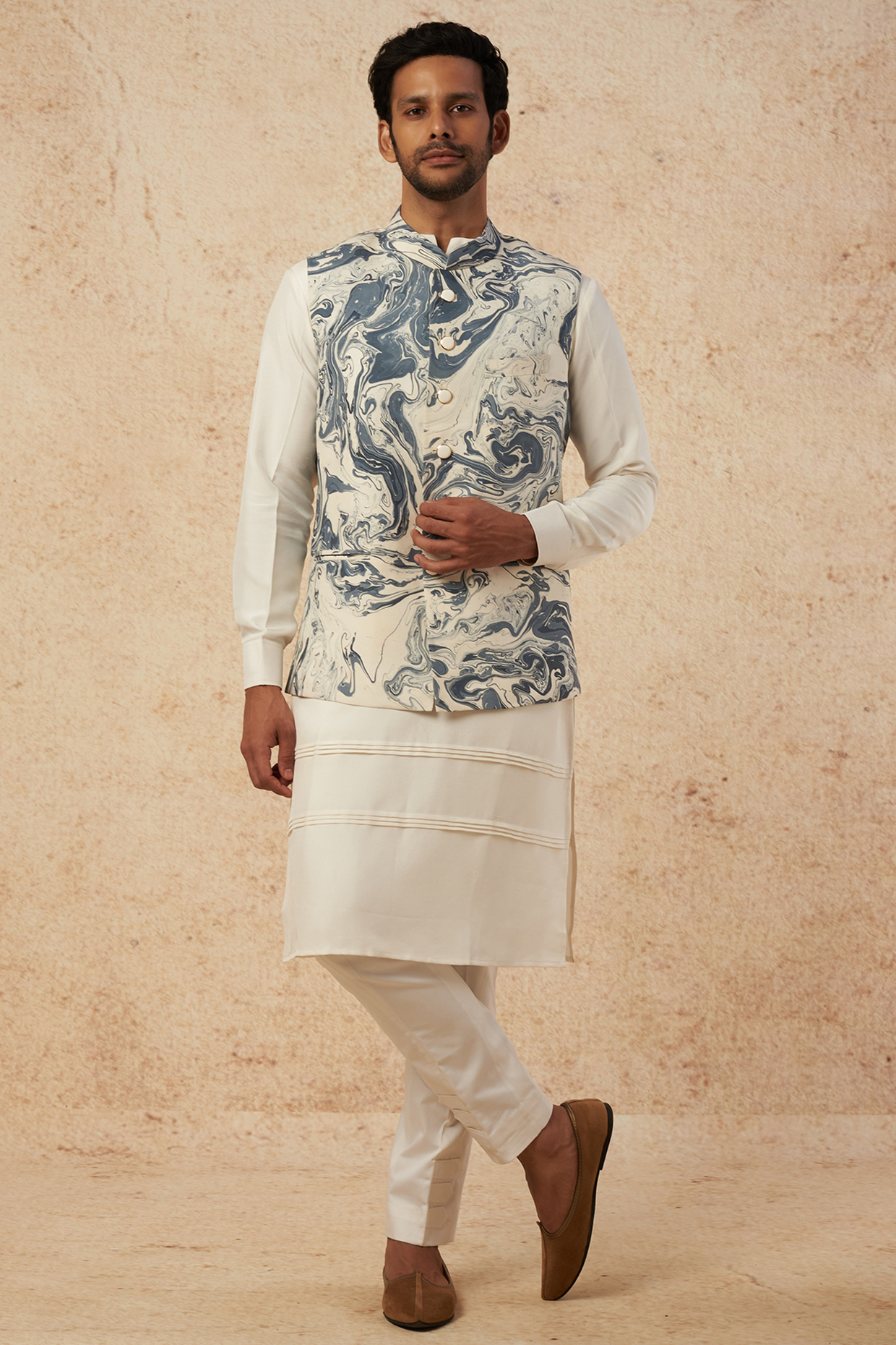 Ice Blue Printed Nehru Jacket by HANEET SINGH