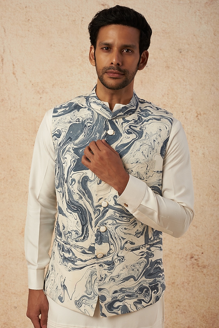 Ice Blue Printed Nehru Jacket by HANEET SINGH at Pernia's Pop Up Shop