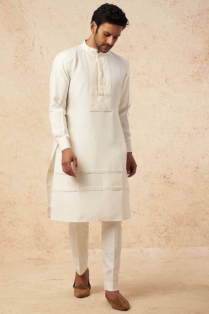 Ivory Dupion Silk Kurta Set by HANEET SINGH