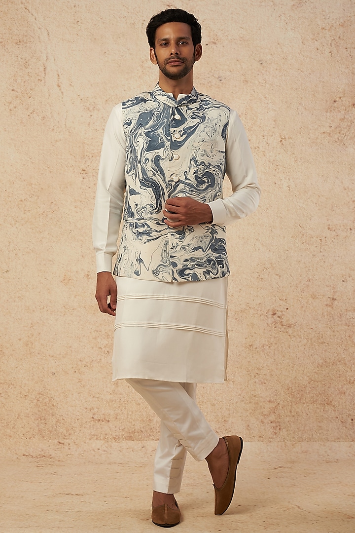Ice Blue Printed Nehru Jacket With Kurta Set by HANEET SINGH