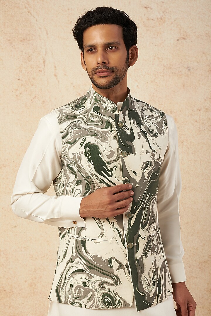 Mint Green Printed Nehru Jacket by HANEET SINGH at Pernia's Pop Up Shop