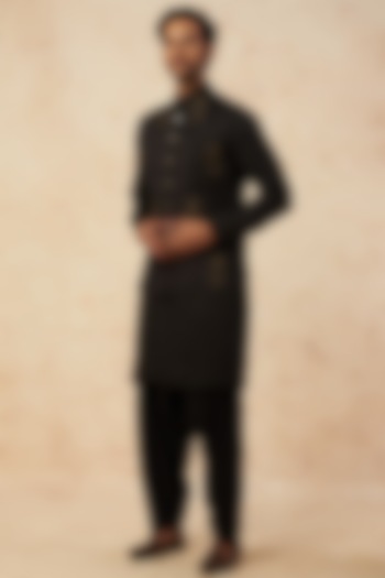 Black Embellished Nehru Jacket by GRACE BY HANEET SINGH