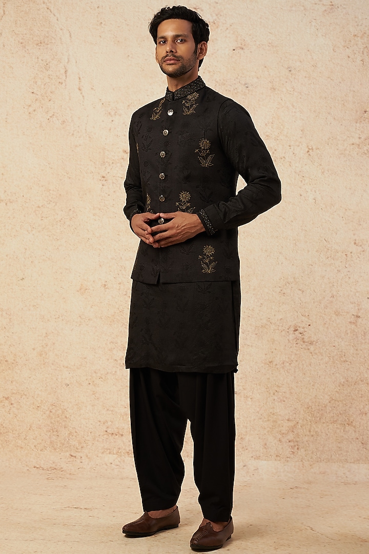 Black Embellished Nehru Jacket by HANEET SINGH