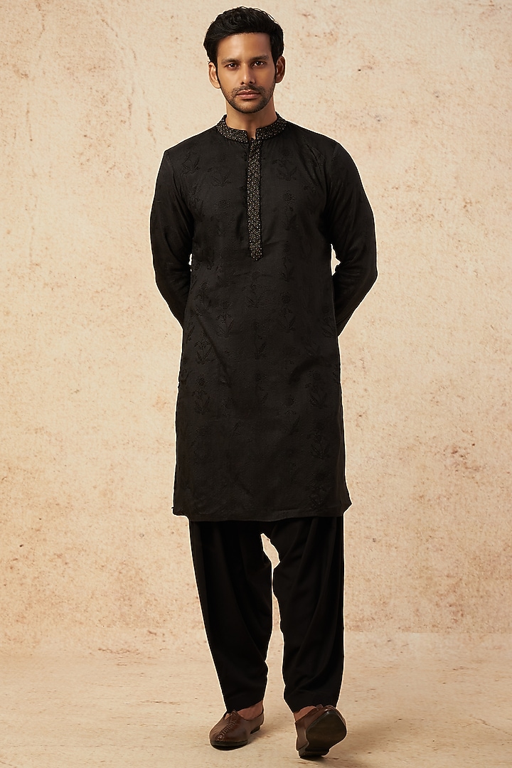 Black Embellished Nehru Jacket With Kurta Set by HANEET SINGH at Pernia's Pop Up Shop