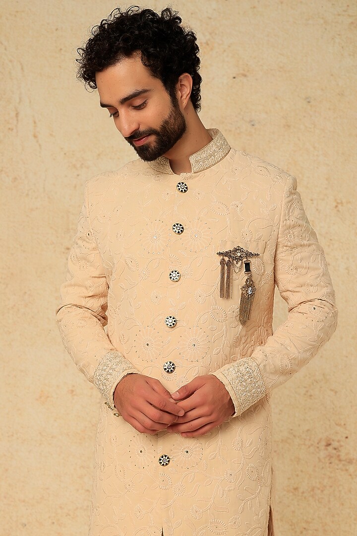 Beige Georgette Chikankari Work Wedding Sherwani Set by HANEET SINGH at Pernia's Pop Up Shop