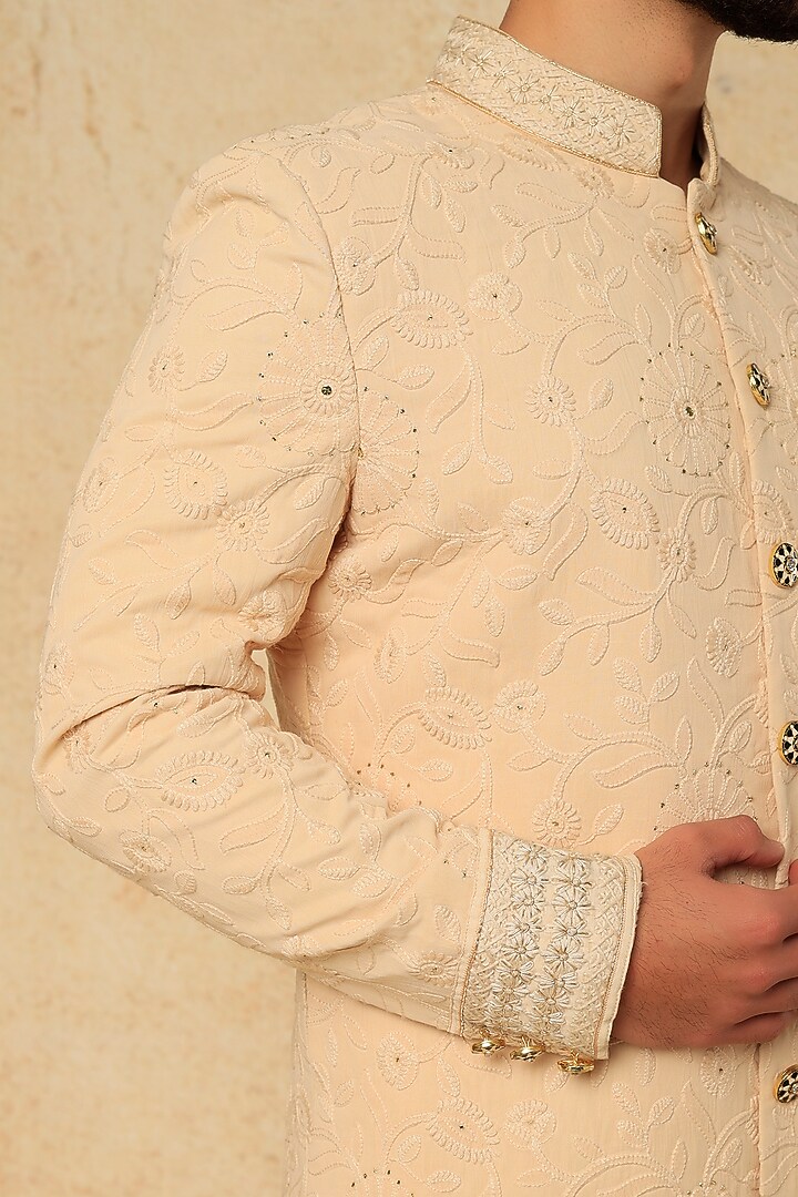 Beige Georgette Chikankari Work Wedding Sherwani Set by HANEET SINGH at Pernia's Pop Up Shop
