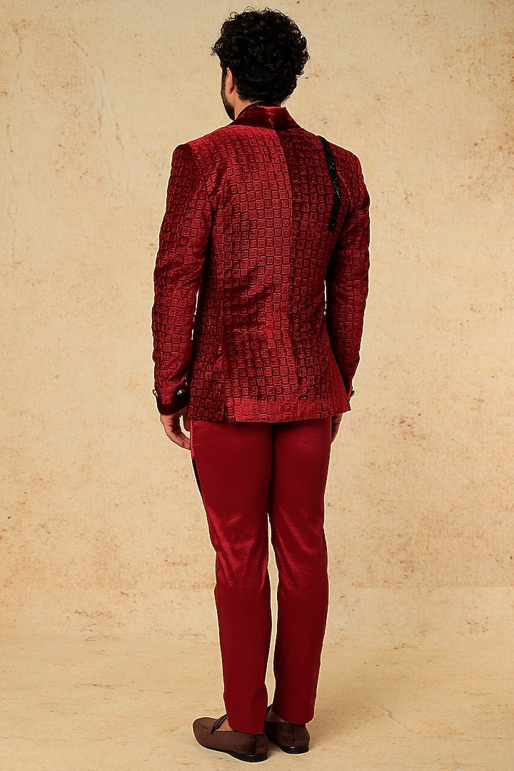 Red Laser Velvet Tuxedo Set by HANEET SINGH at Pernia's Pop Up Shop