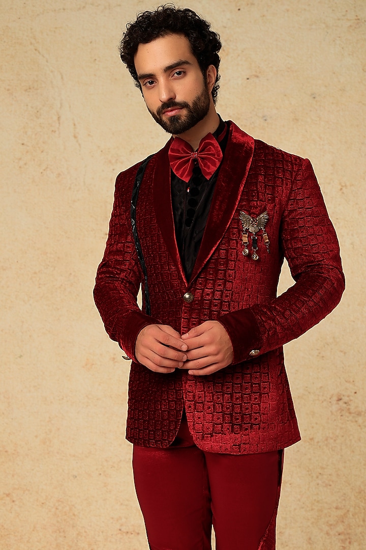 Red Laser Velvet Tuxedo Set by HANEET SINGH at Pernia's Pop Up Shop
