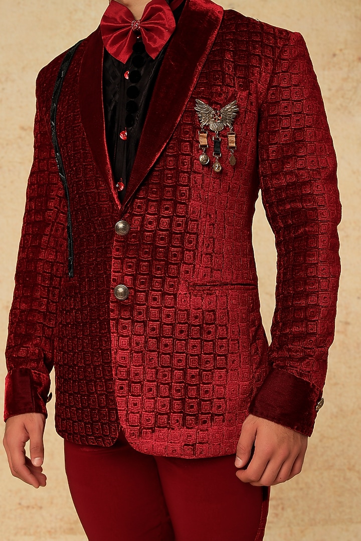 Red Laser Velvet Tuxedo Set by HANEET SINGH at Pernia's Pop Up Shop