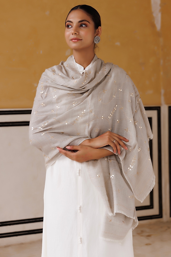 Grey Wool Gota Patti Hand Embroidered Shawl by Geroo Jaipur Accessories at Pernia's Pop Up Shop