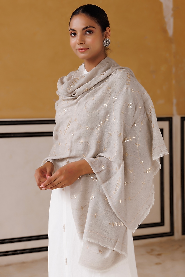 Grey Wool Gota Patti Hand Embroidered Shawl by Geroo Jaipur Accessories at Pernia's Pop Up Shop