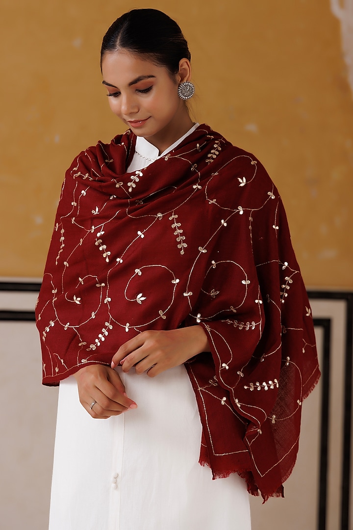 Maroon Wool Gota Patti Hand Embroidered Shawl by Geroo Jaipur Accessories