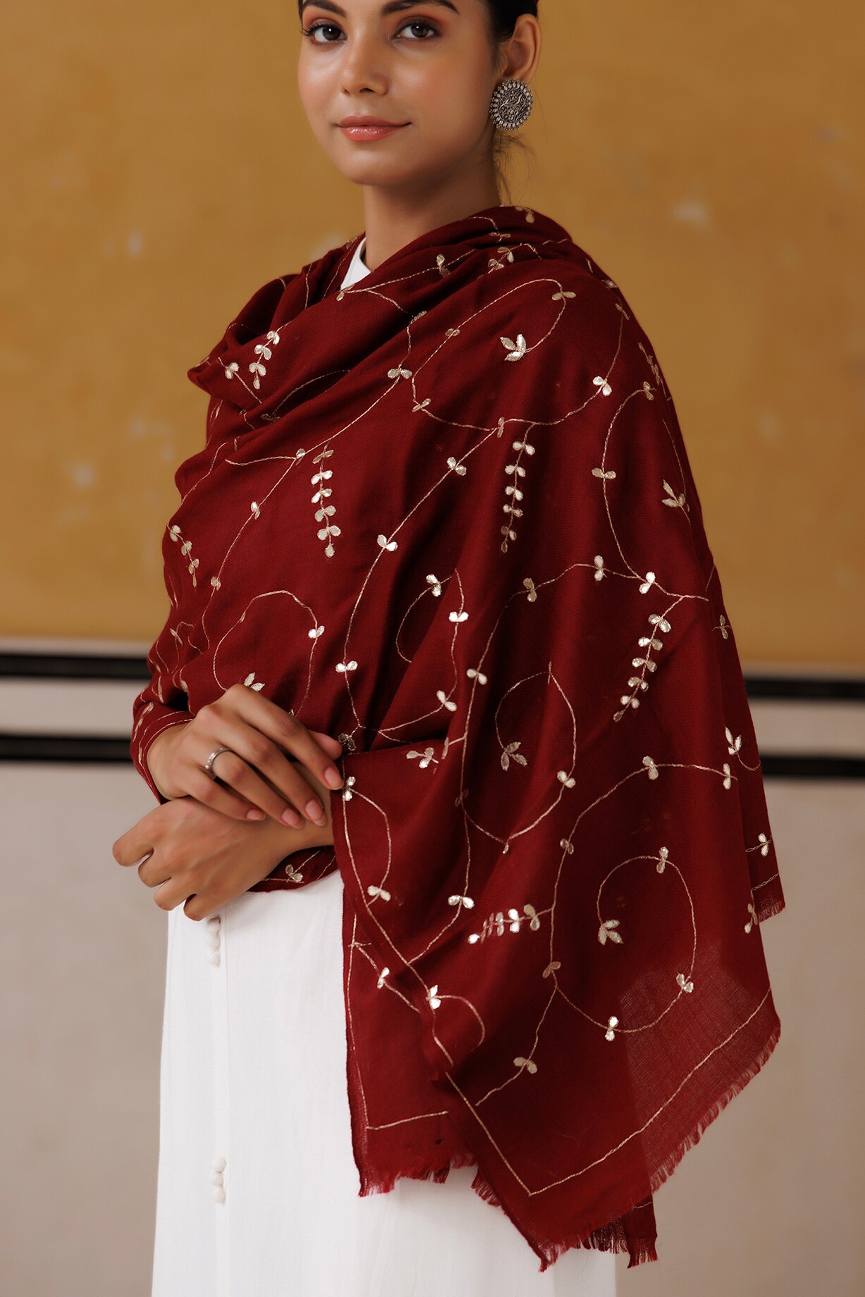 Maroon Wool Hand Embroidered Shawl Design by Geroo Jaipur Accessories