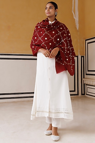 Maroon Wool Gota Patti Hand Embroidered Shawl by Geroo Jaipur Accessories