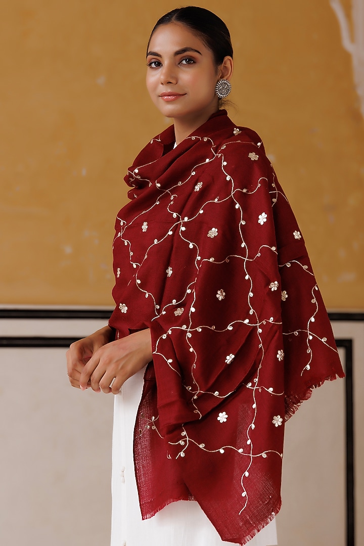 Maroon Wool Gota Patti Hand Embroidered Shawl by Geroo Jaipur Accessories at Pernia's Pop Up Shop