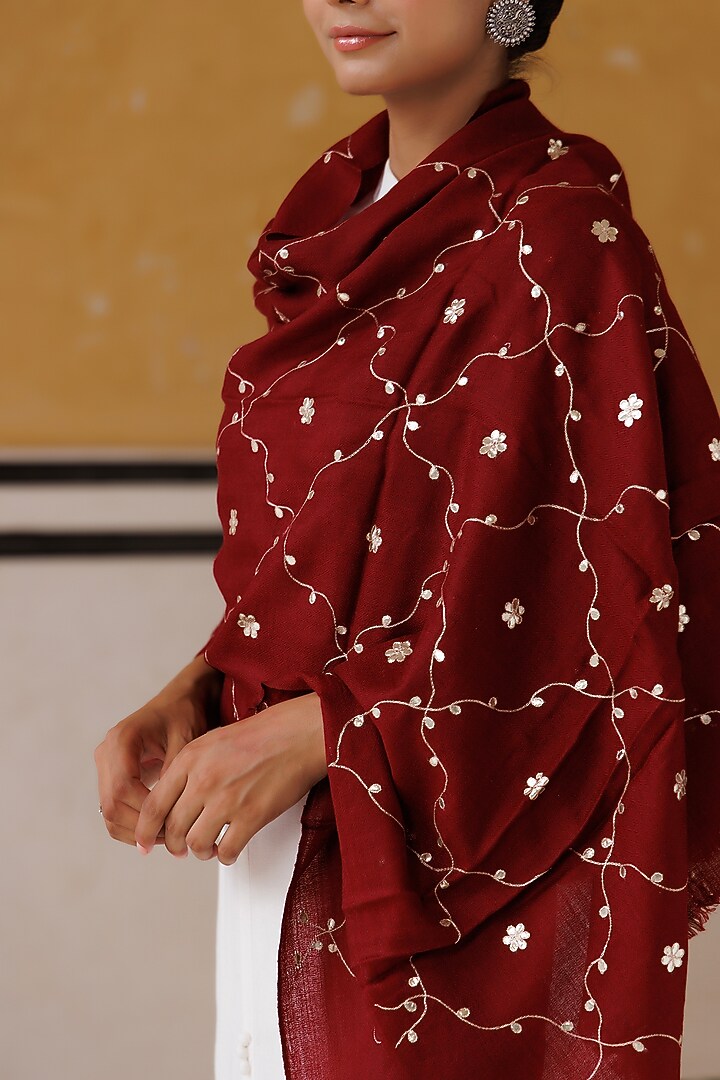 Maroon Wool Gota Patti Hand Embroidered Shawl by Geroo Jaipur Accessories at Pernia's Pop Up Shop