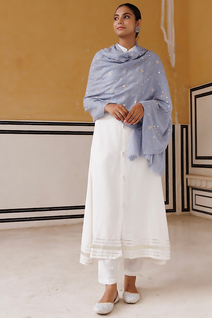 Powder Blue Wool Gota Patti Hand Embroidered Shawl by Geroo Jaipur Accessories