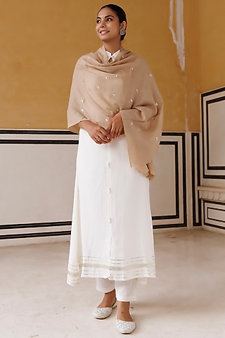 Beige Wool Gota Patti Hand Embroidered Shawl by Geroo Jaipur Accessories