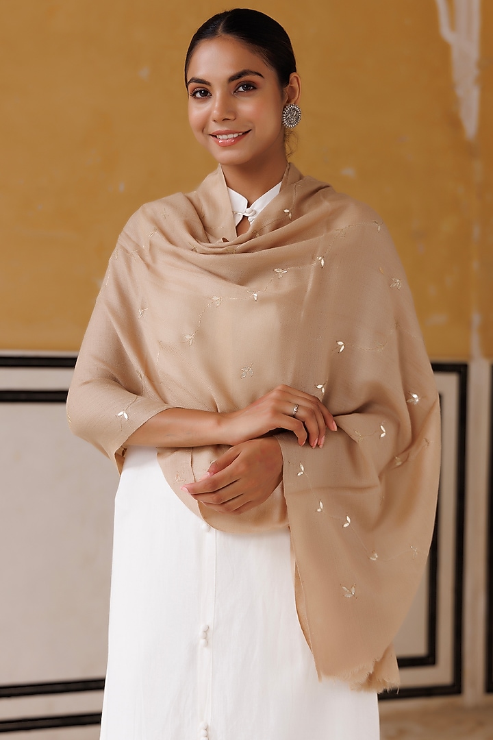 Beige Wool Gota Patti Hand Embroidered Shawl by Geroo Jaipur Accessories at Pernia's Pop Up Shop