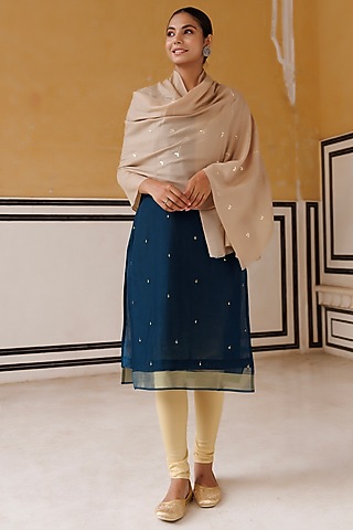 Beige Wool Hand Embroidered Shawl by Geroo Jaipur Accessories