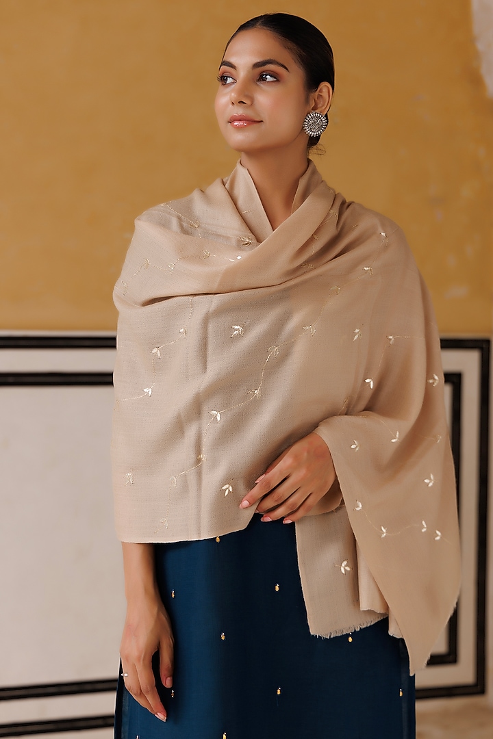 Beige Wool Hand Embroidered Shawl by Geroo Jaipur Accessories at Pernia's Pop Up Shop