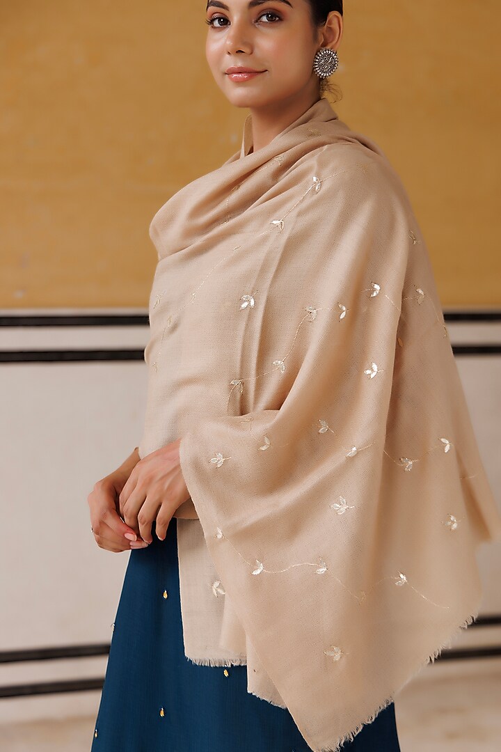 Beige Wool Hand Embroidered Shawl by Geroo Jaipur Accessories at Pernia's Pop Up Shop