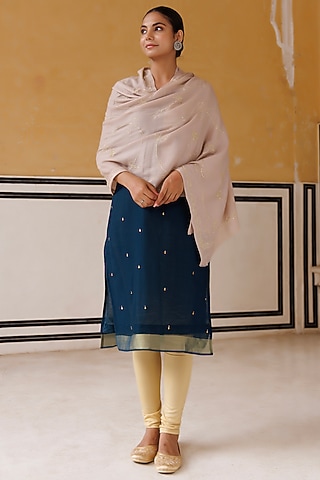 Beige Wool Hand Embroidered Shawl by Geroo Jaipur Accessories