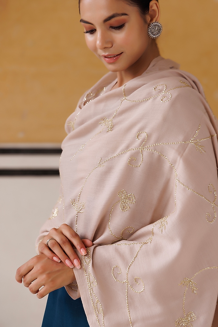 Beige Wool Hand Embroidered Shawl by Geroo Jaipur Accessories at Pernia's Pop Up Shop