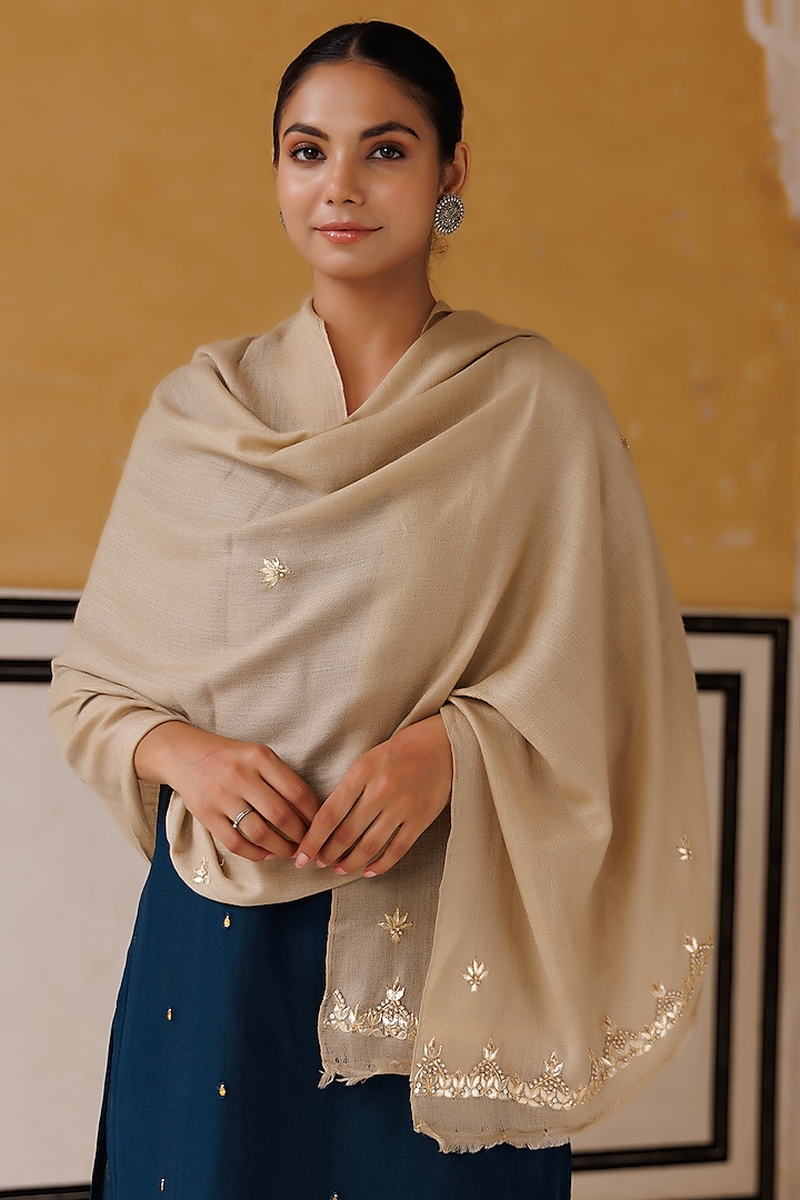 Beige Wool Hand Embroidered Shawl by Geroo Jaipur Accessories