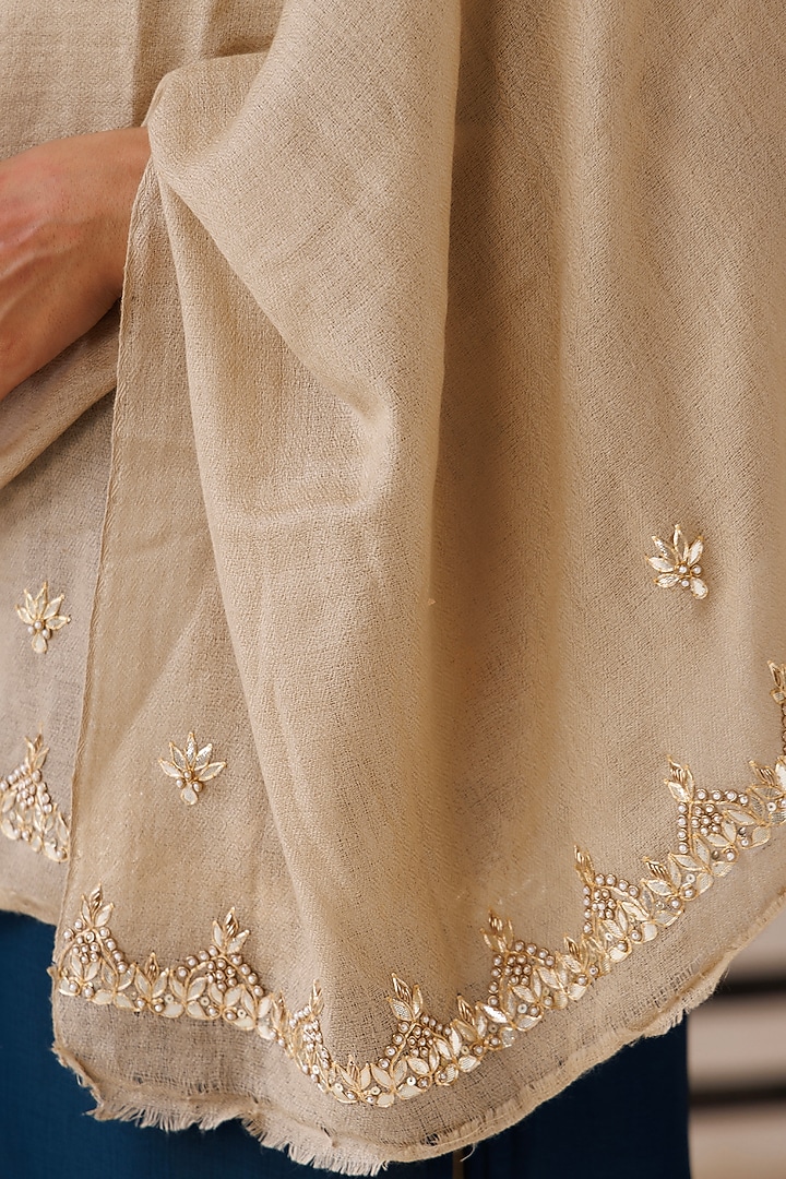 Beige Wool Hand Embroidered Shawl by Geroo Jaipur Accessories at Pernia's Pop Up Shop