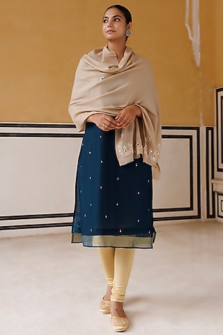 Beige Wool Hand Embroidered Shawl by Geroo Jaipur Accessories