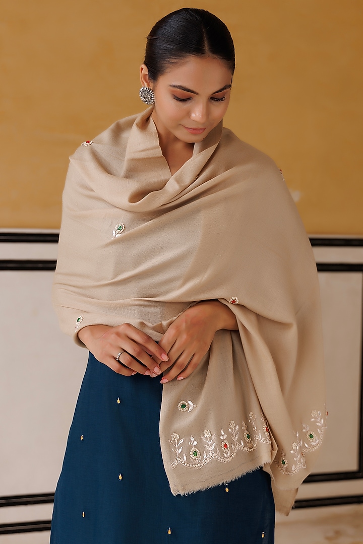 Beige Wool Hand Embroidered Shawl by Geroo Jaipur Accessories at Pernia's Pop Up Shop