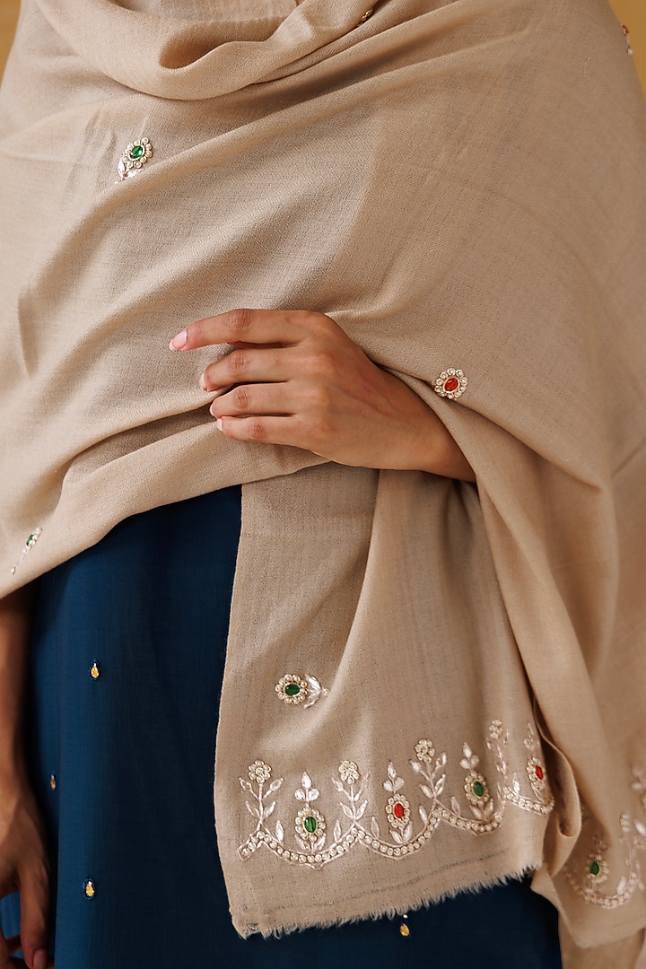 Beige Wool Hand Embroidered Shawl by Geroo Jaipur Accessories at Pernia's Pop Up Shop