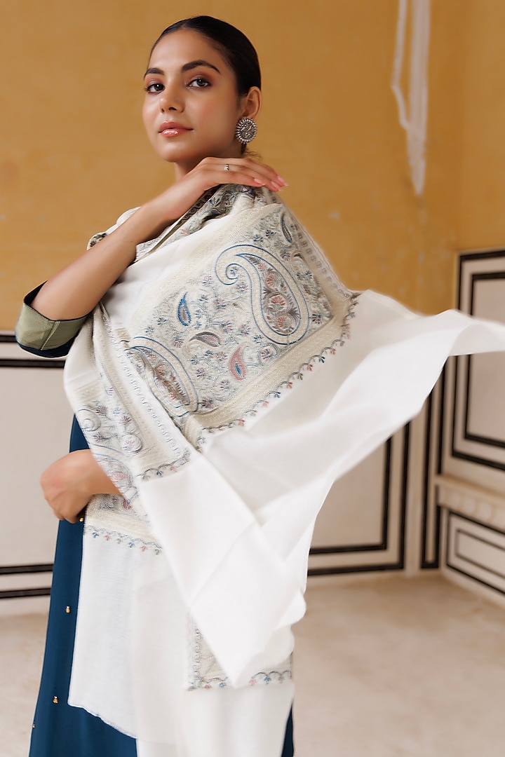 White Wool Hand Embroidered Shawl by Geroo Jaipur Accessories at Pernia's Pop Up Shop