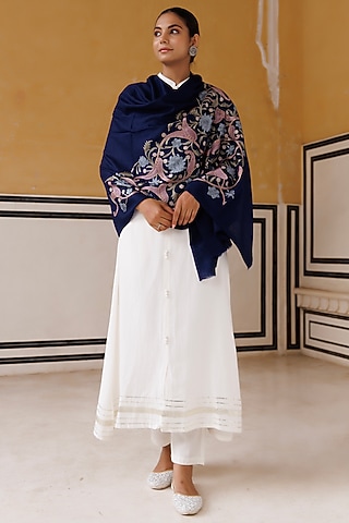 Navy Blue Wool Hand Embroidered Shawl by Geroo Jaipur Accessories