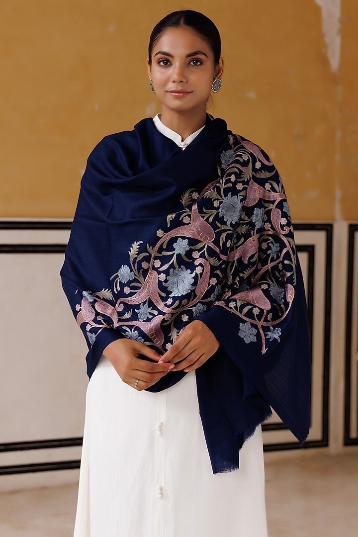 Navy Blue Wool Hand Embroidered Shawl by Geroo Jaipur Accessories at Pernia's Pop Up Shop