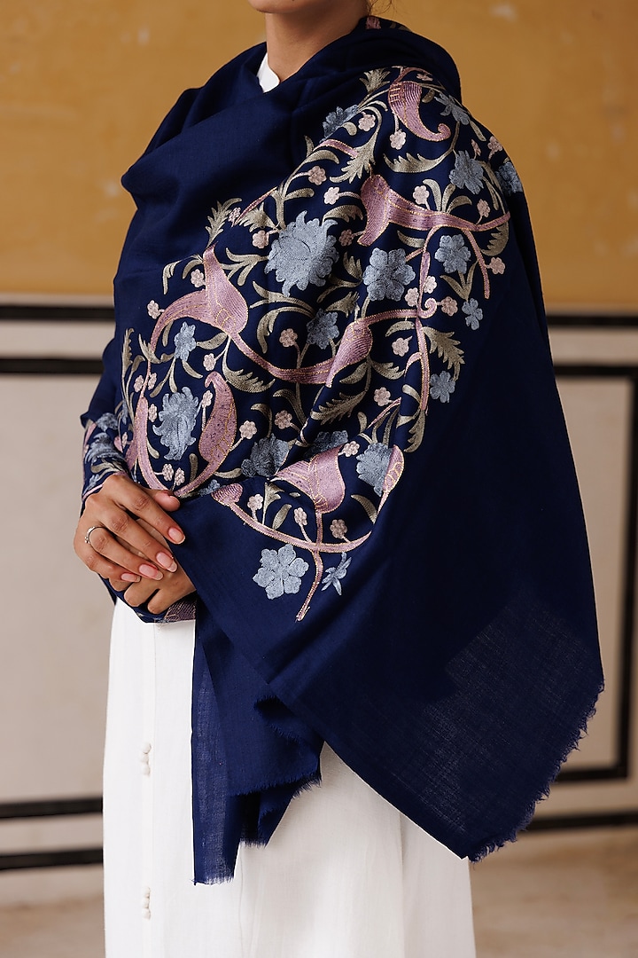 Navy Blue Wool Hand Embroidered Shawl by Geroo Jaipur Accessories at Pernia's Pop Up Shop