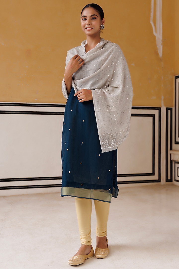 Navy Blue Wool Hand Embroidered Shawl by Geroo Jaipur Accessories