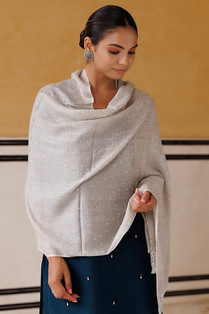 Navy Blue Wool Hand Embroidered Shawl by Geroo Jaipur Accessories at Pernia's Pop Up Shop