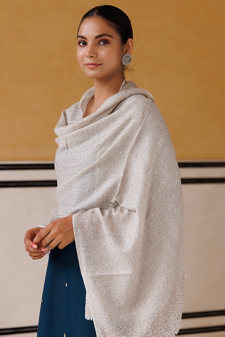 Navy Blue Wool Hand Embroidered Shawl by Geroo Jaipur Accessories at Pernia's Pop Up Shop