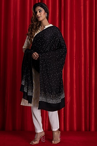 Black Wool Embellished Shawl by Geroo Jaipur Accessories